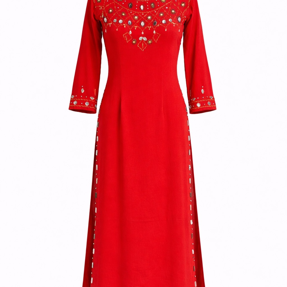 Traditional Vietnamese Ao Dai Dress Red Beaded Embellished Side Slits No Pants L